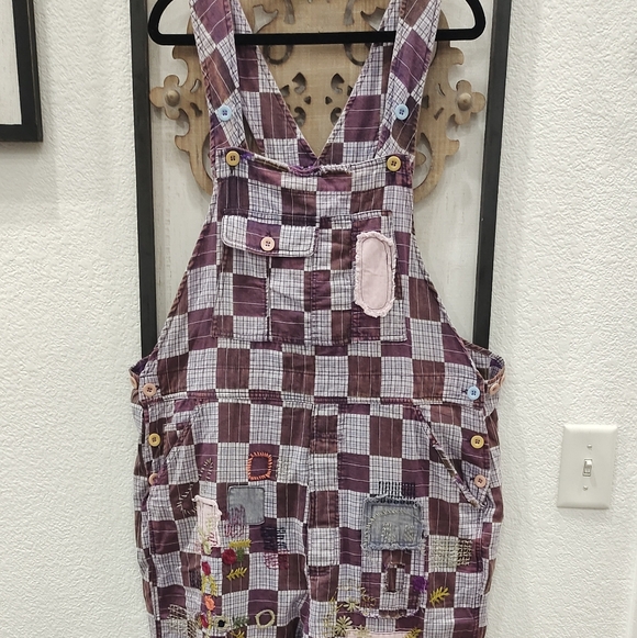 Blue Velvet Embroidered Patchwork Washed Oversized Overalls - Picture 4 of 5